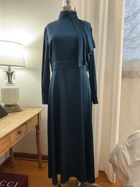 Alexia Admor Brooklyn Long-Sleeve High-Neck Midi Dress in Deep Teal, 8, EUC
